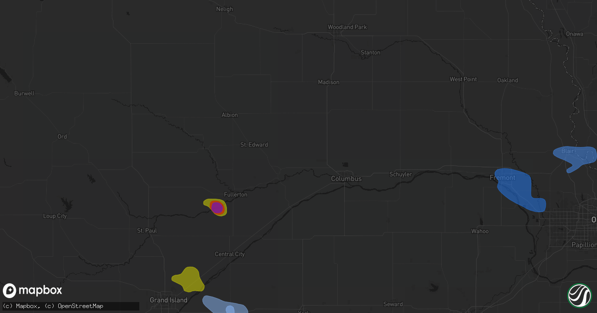 Hail map in Monroe, NE on July 8, 2026