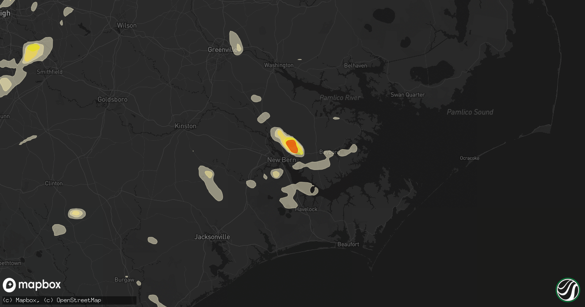 Hail map in New Bern, NC on July 8, 2026