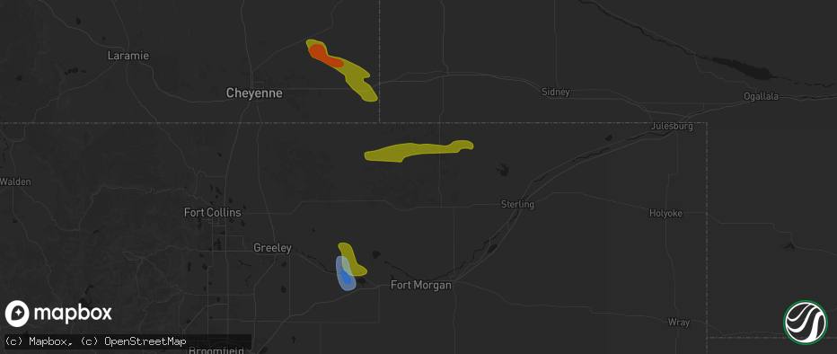 Hail map in New Raymer, CO on July 8, 2026