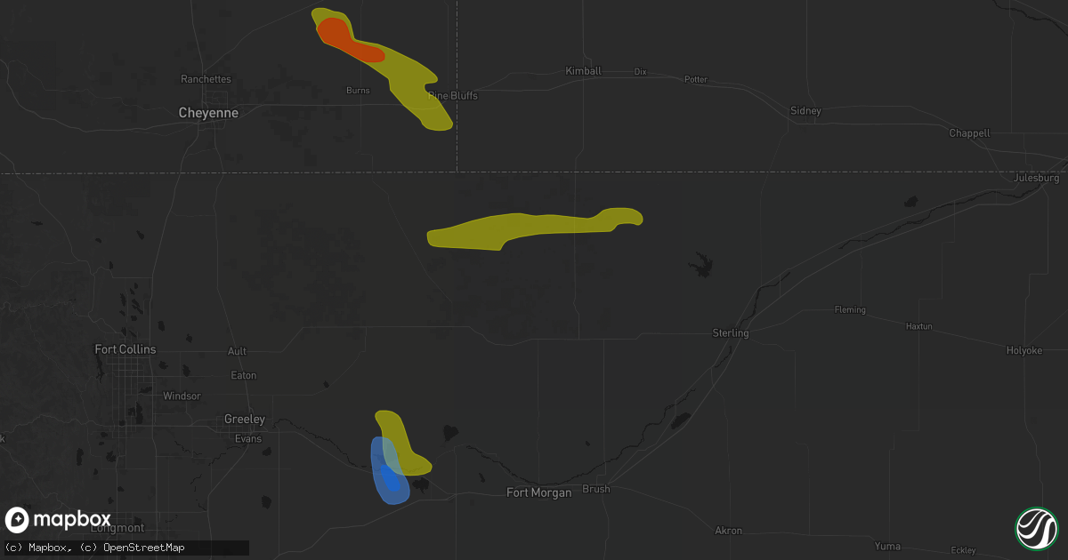Hail map in New Raymer, CO on July 8, 2026