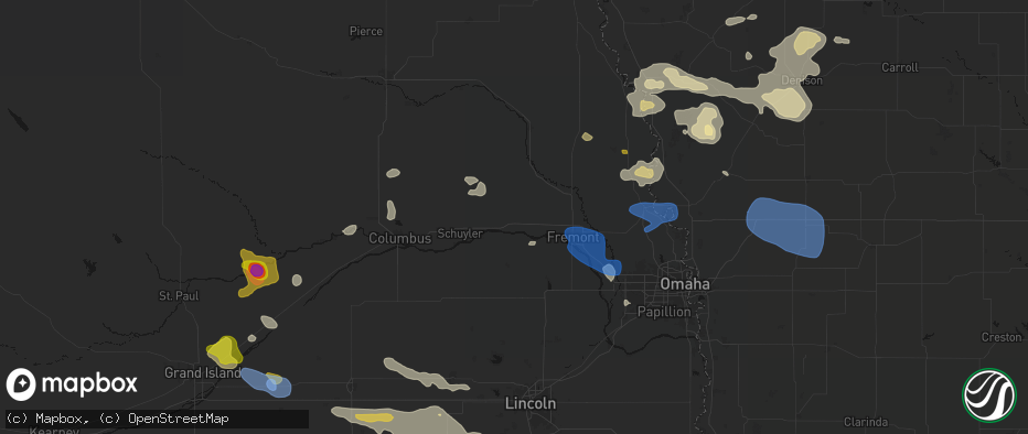 Hail map in North Bend, NE on July 8, 2026