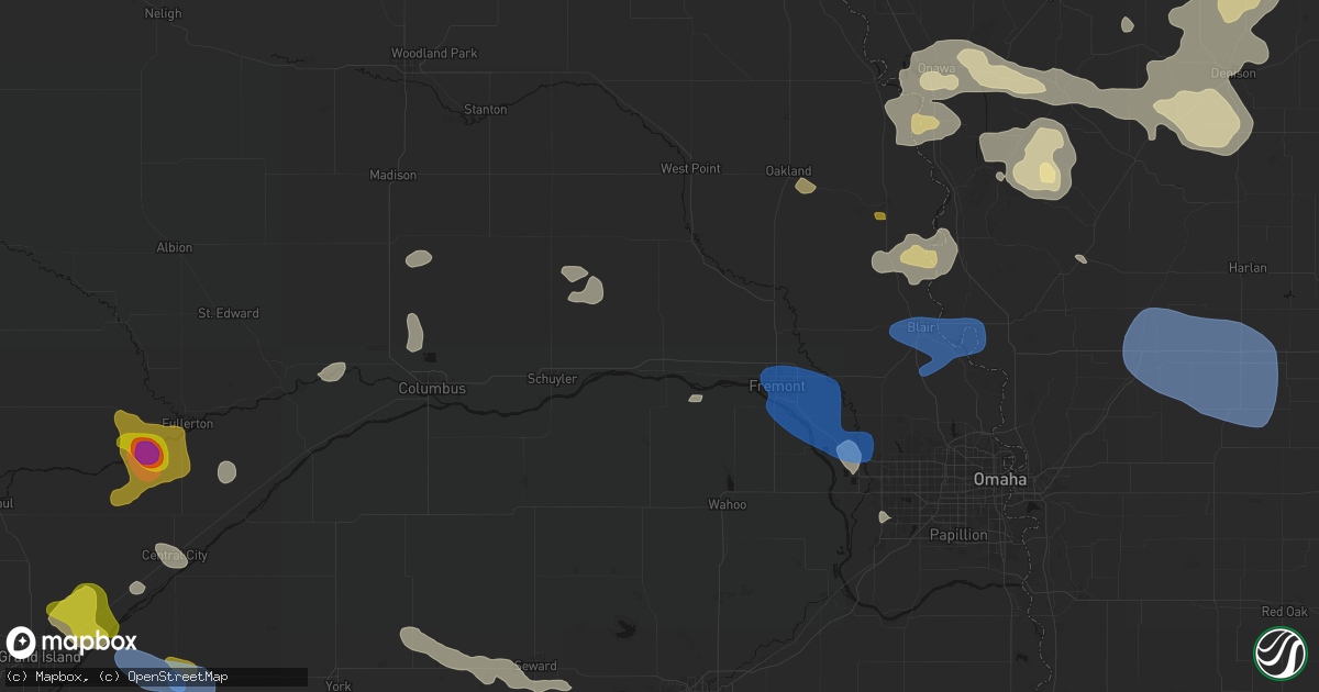 Hail map in North Bend, NE on July 8, 2026