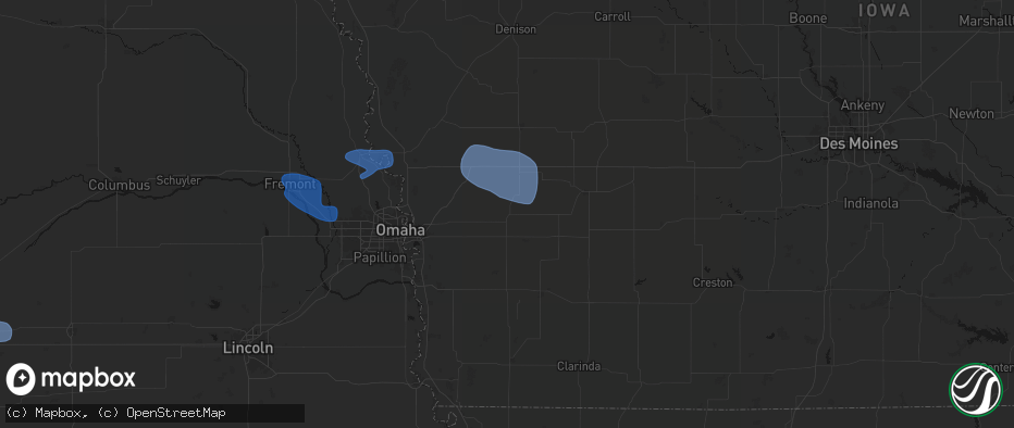 Hail map in Oakland, IA on July 8, 2026