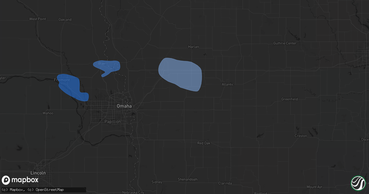 Hail map in Oakland, IA on July 8, 2026