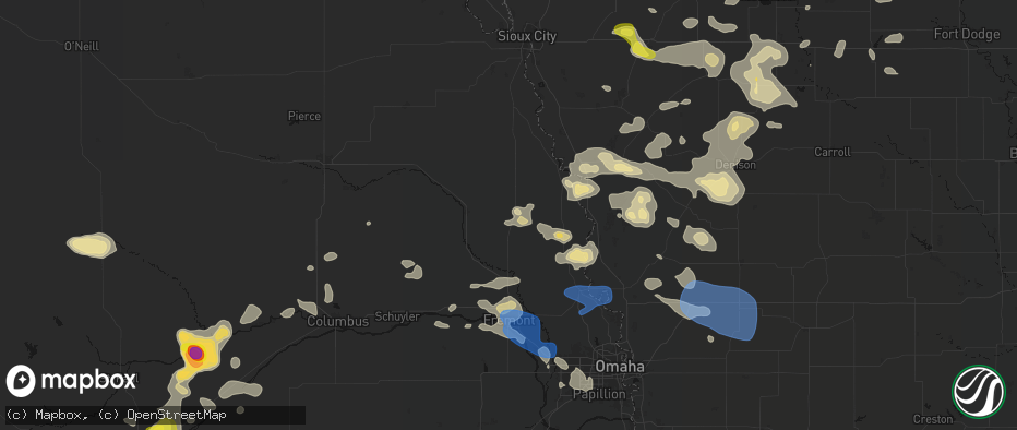 Hail map in Oakland, NE on July 8, 2026