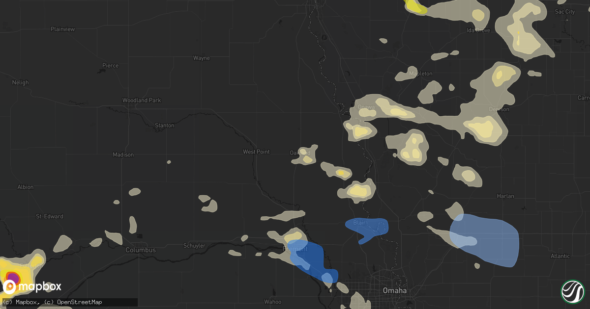 Hail map in Oakland, NE on July 8, 2026