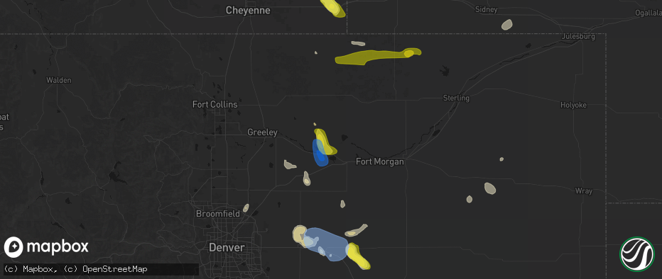 Hail map in Orchard, CO on July 8, 2026