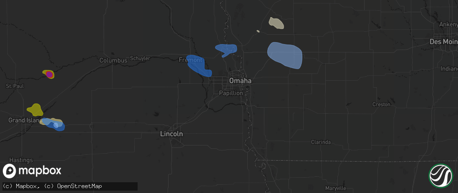 Hail map in Papillion, NE on July 8, 2026