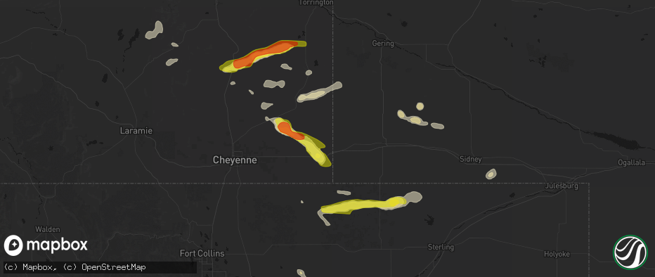 Hail map in Pine Bluffs, WY on July 8, 2026