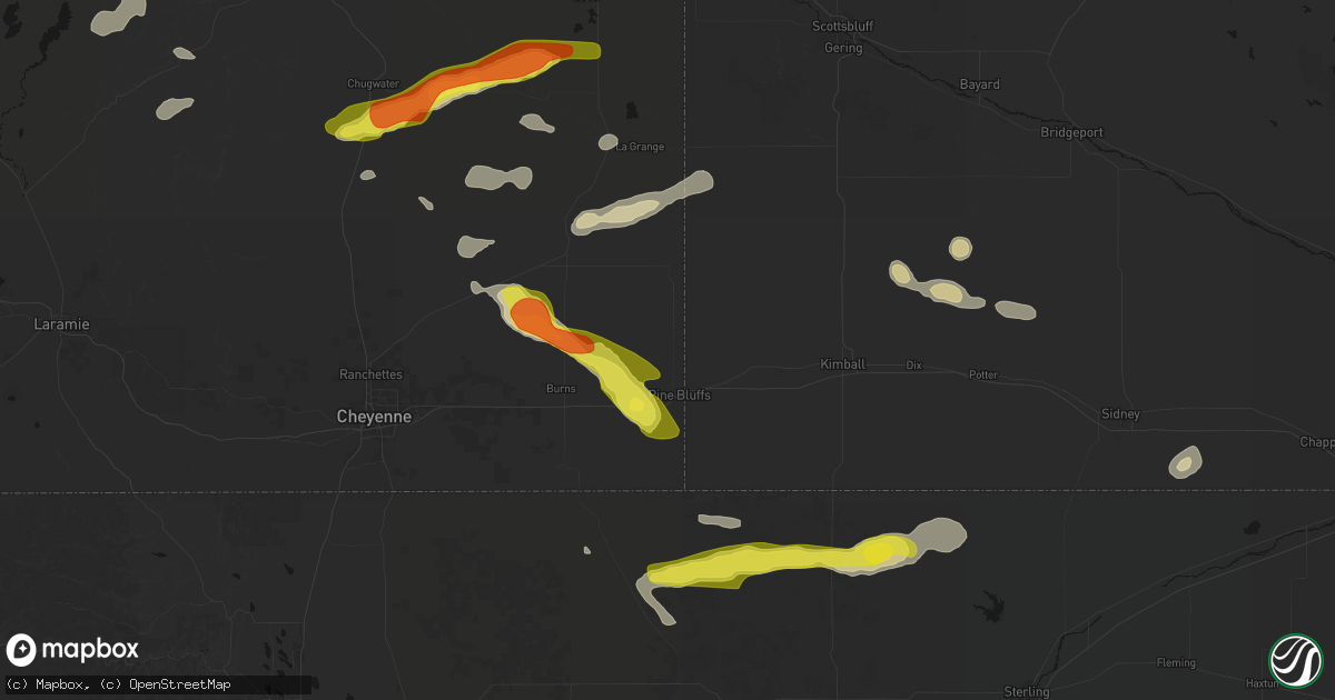 Hail map in Pine Bluffs, WY on July 8, 2026