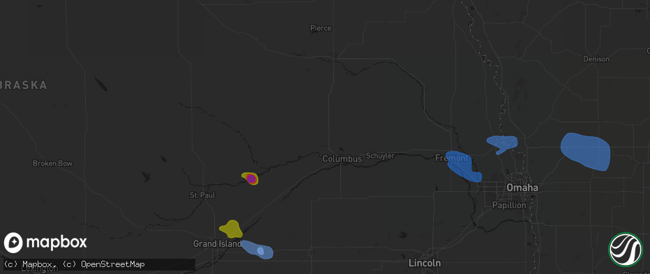 Hail map in Platte Center, NE on July 8, 2026