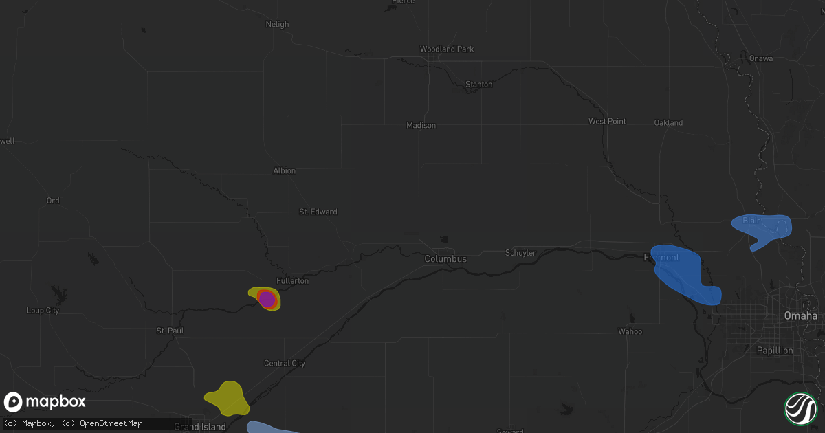 Hail map in Platte Center, NE on July 8, 2026