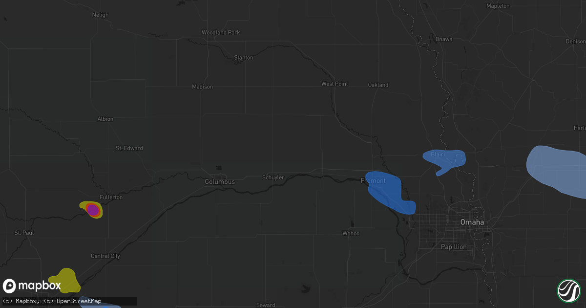 Hail map in Rogers, NE on July 8, 2026