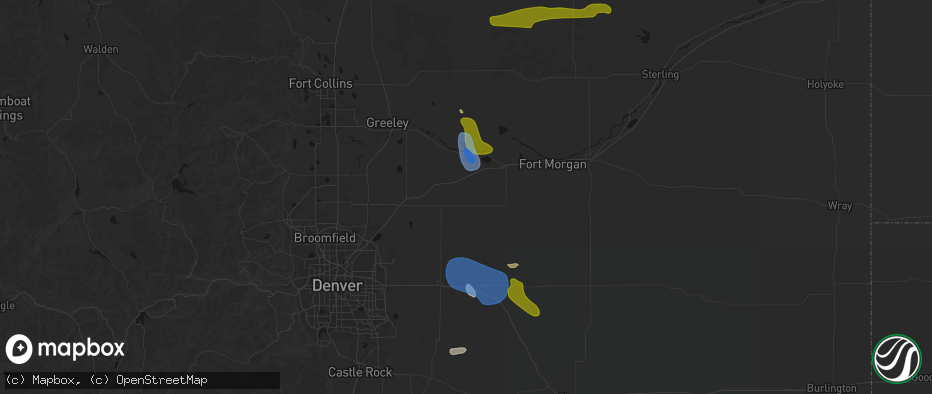 Hail map in Roggen, CO on July 8, 2026