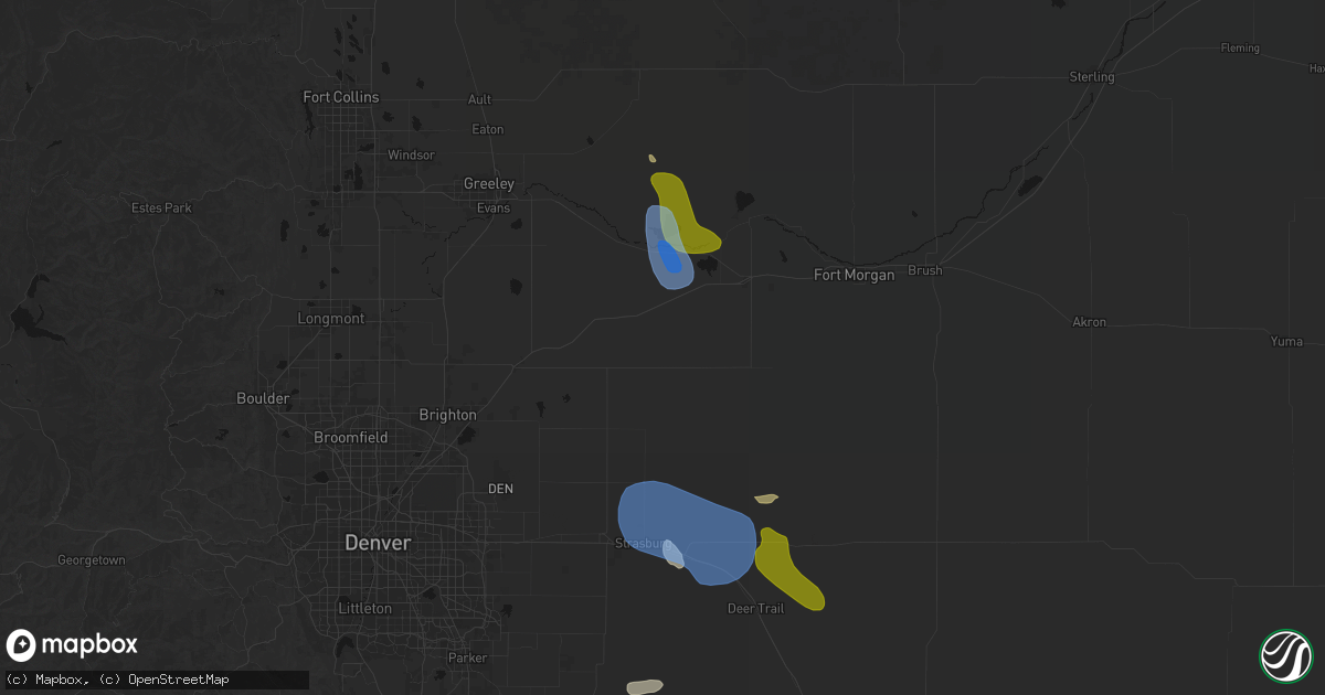 Hail map in Roggen, CO on July 8, 2026