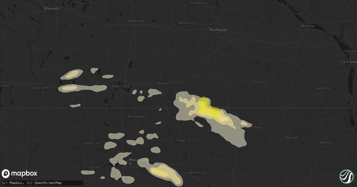 Hail map in Rose Creek, MN on July 8, 2026