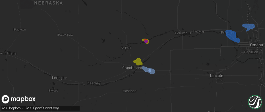 Hail map in Saint Libory, NE on July 8, 2026