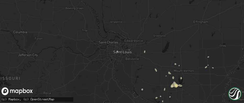 Hail map in Saint Louis, MO on July 8, 2026