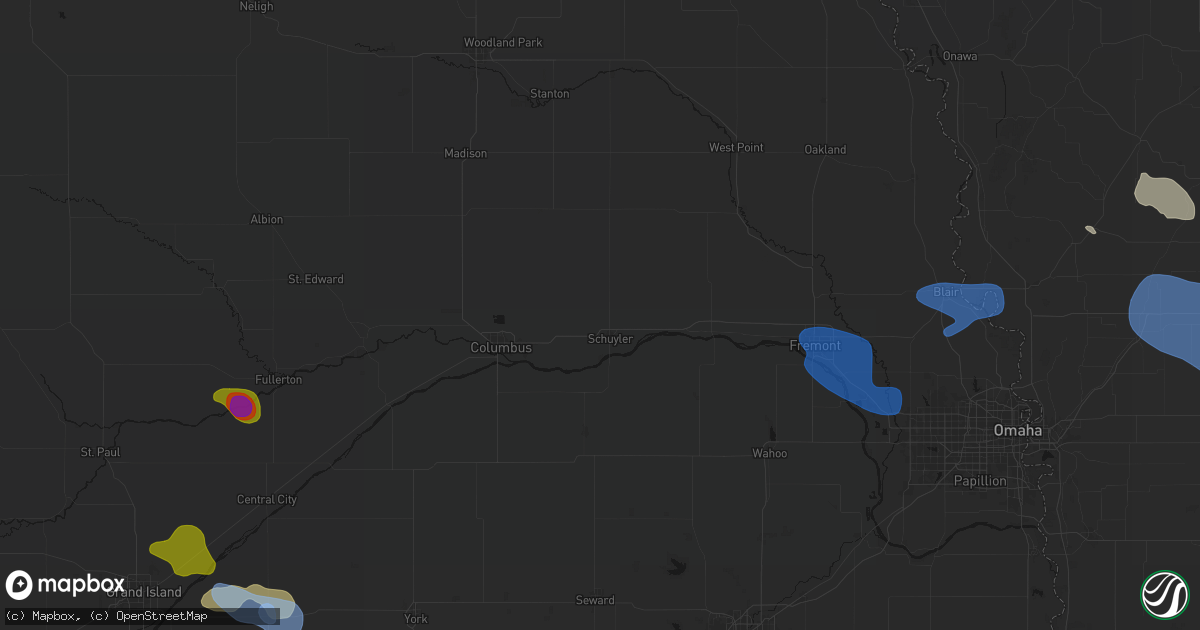 Hail map in Schuyler, NE on July 8, 2026