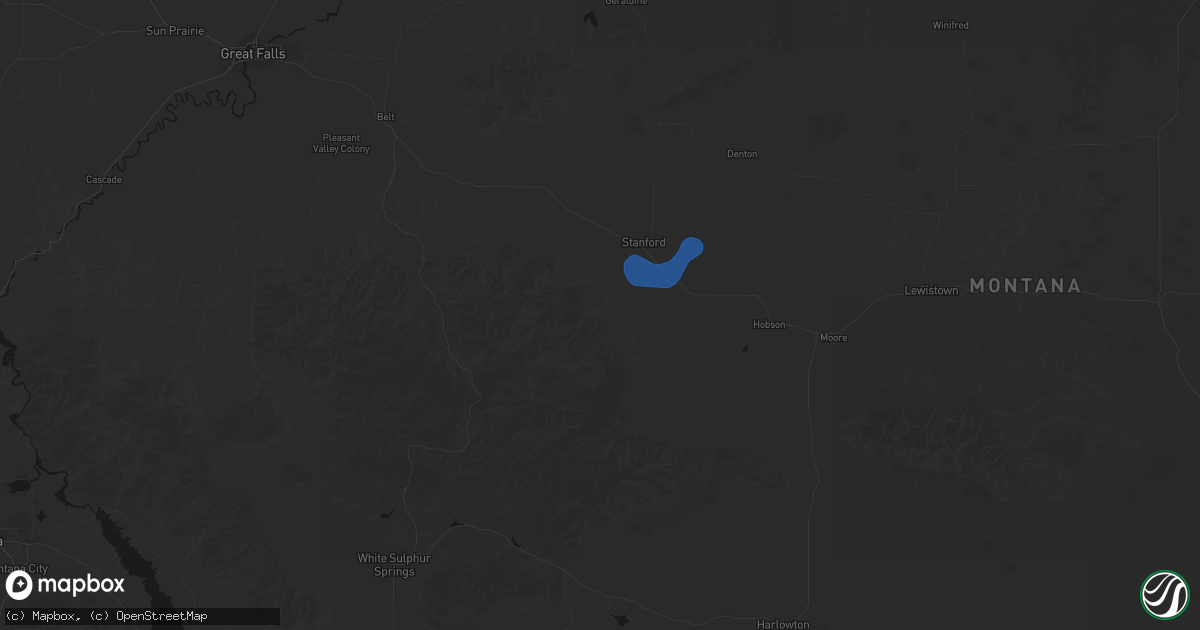 Hail map in Stanford, MT on July 8, 2026