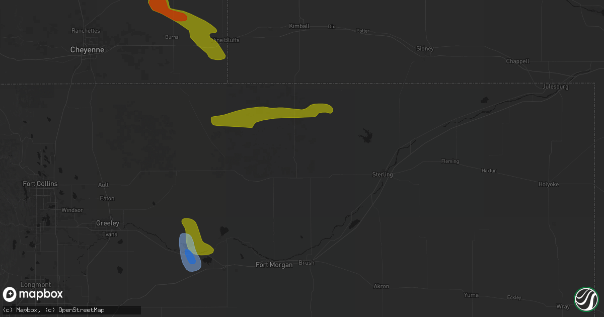 Hail map in Stoneham, CO on July 8, 2026