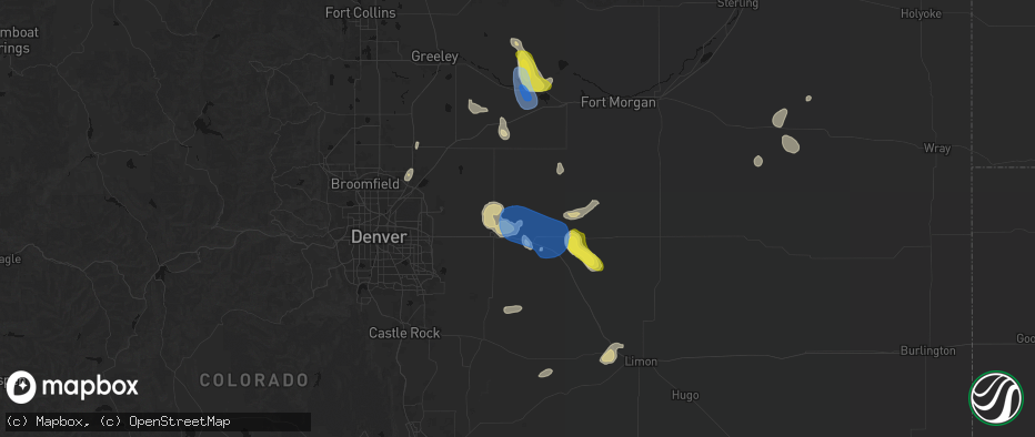 Hail map in Strasburg, CO on July 8, 2026