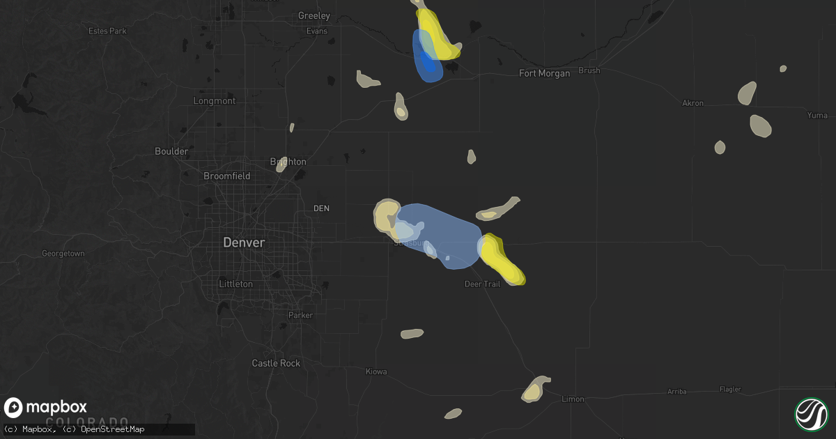 Hail map in Strasburg, CO on July 8, 2026