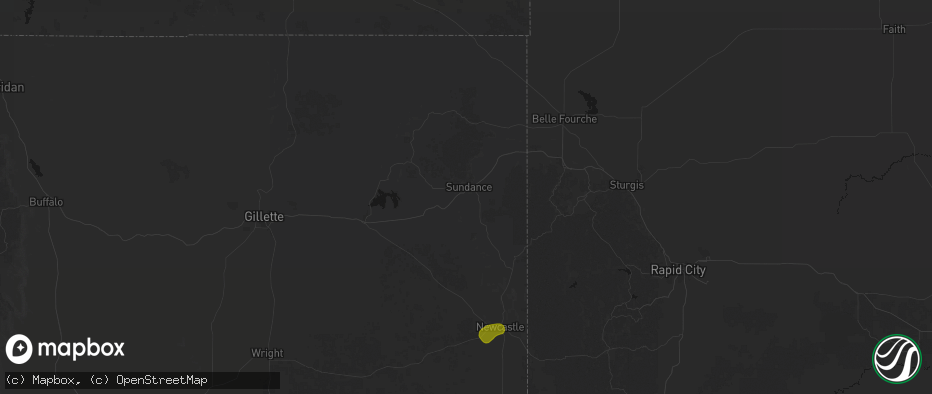 Hail map in Sundance, WY on July 8, 2026
