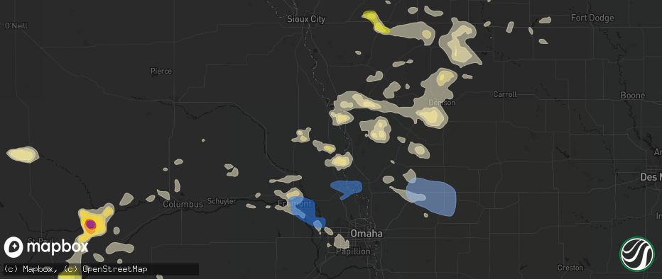 Hail map in Tekamah, NE on July 8, 2026