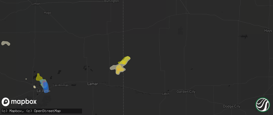 Hail map in Tribune, KS on July 8, 2026