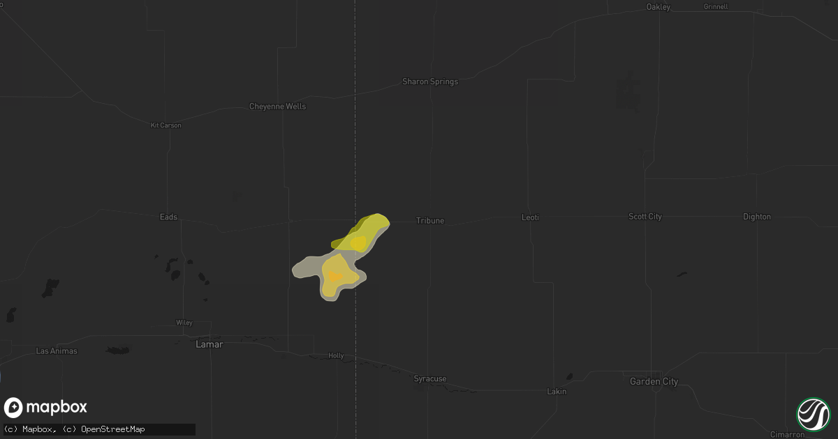 Hail map in Tribune, KS on July 8, 2026
