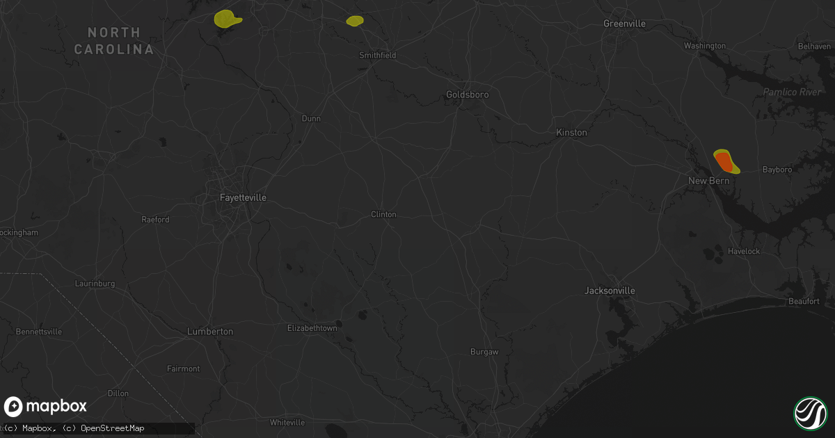 Hail map in Turkey, NC on July 8, 2026