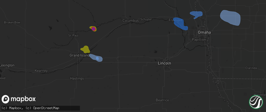 Hail map in Utica, NE on July 8, 2026