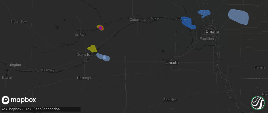 Hail map in Waco, NE on July 8, 2026