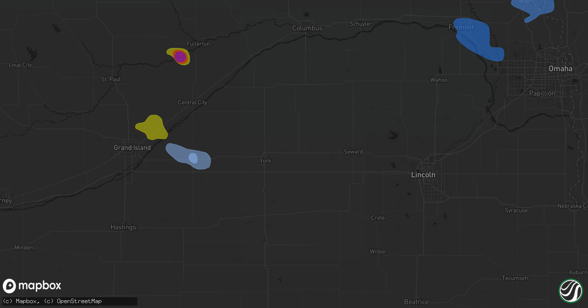 Hail map in Waco, NE on July 8, 2026