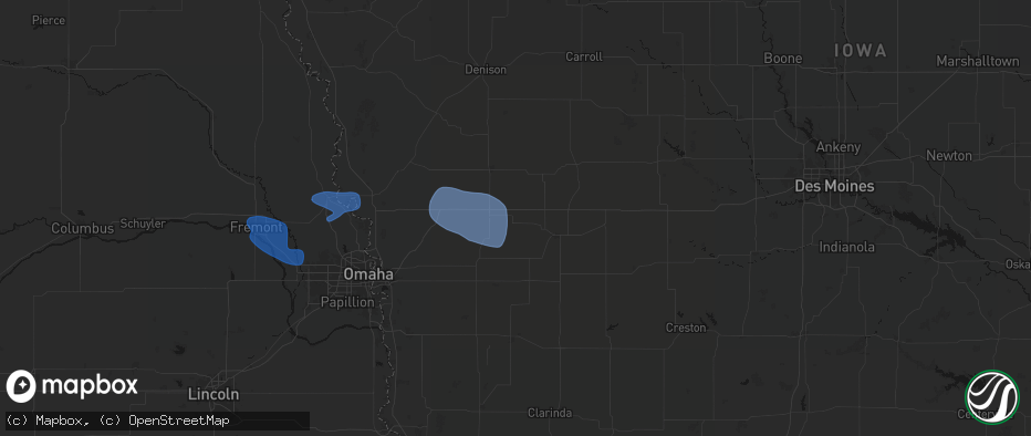 Hail map in Walnut, IA on July 8, 2026
