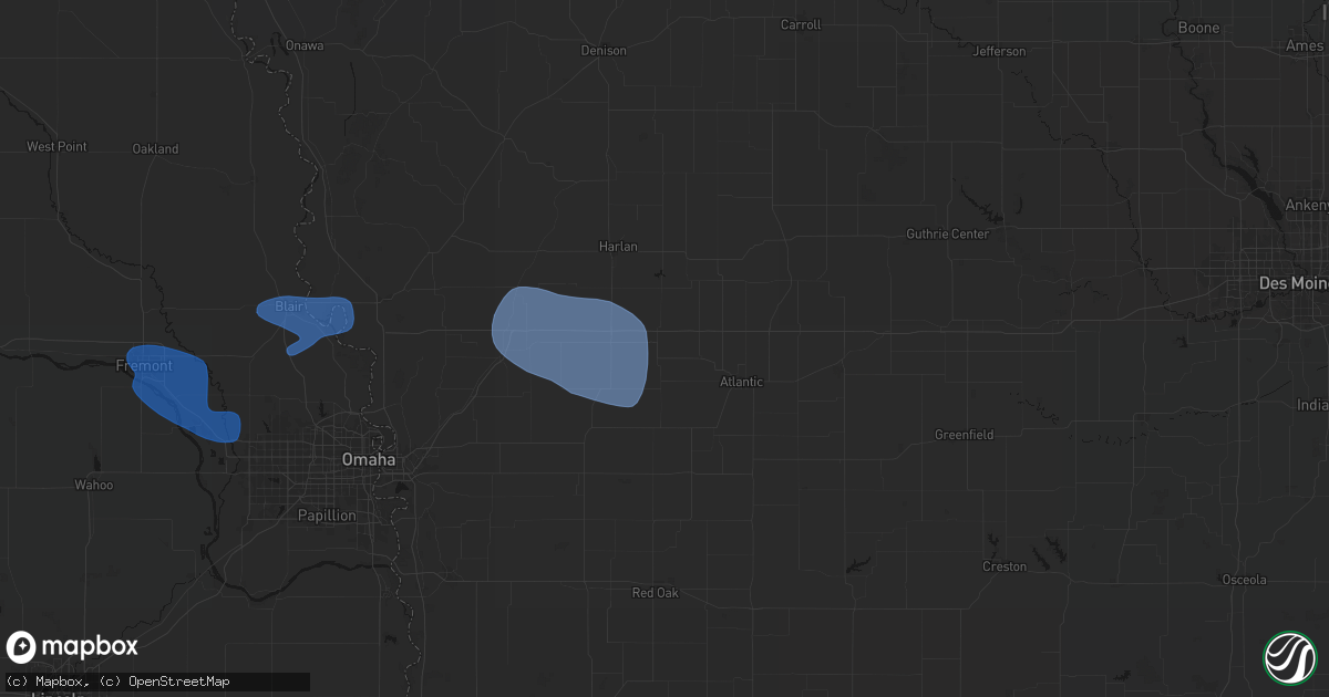 Hail map in Walnut, IA on July 8, 2026