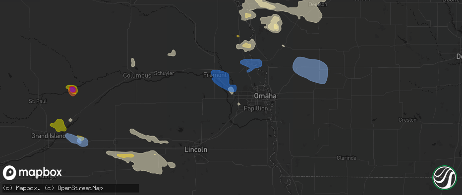 Hail map in Waterloo, NE on July 8, 2026