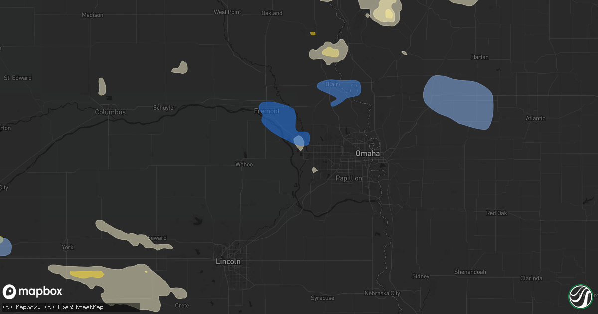 Hail map in Waterloo, NE on July 8, 2026