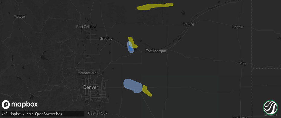 Hail map in Wiggins, CO on July 8, 2026