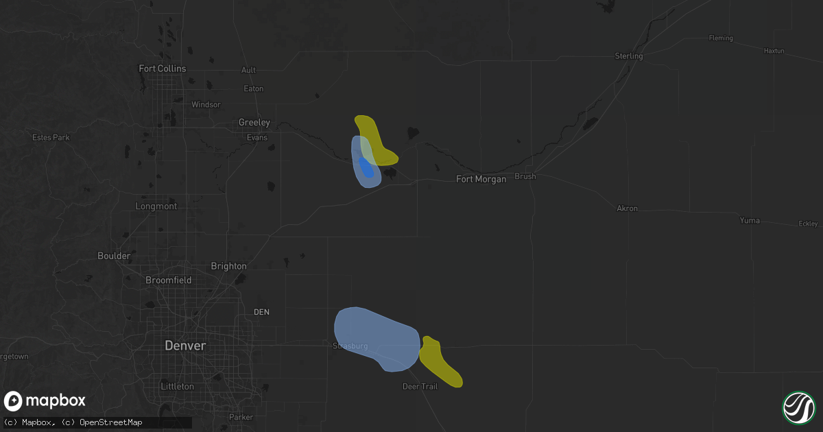 Hail map in Wiggins, CO on July 8, 2026