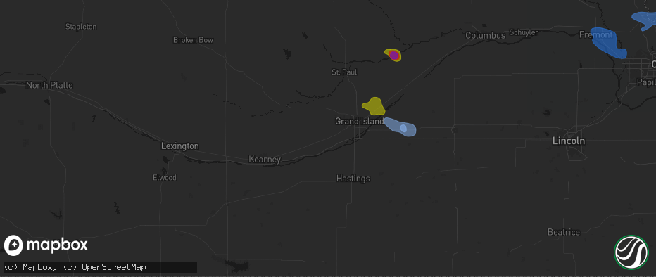 Hail map in Wood River, NE on July 8, 2026
