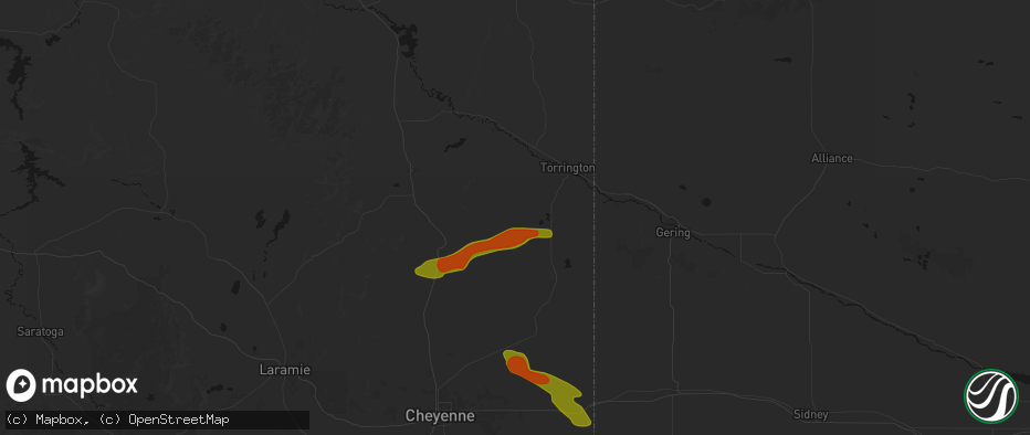 Hail map in Yoder, WY on July 8, 2026