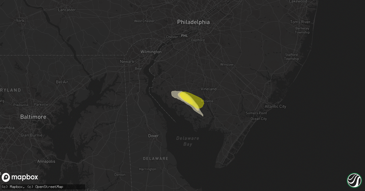 Hail map in Bridgeton, NJ on July 9, 2016