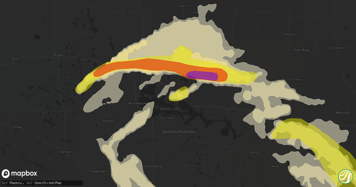 Hail map in Devils Lake, ND on July 9, 2016