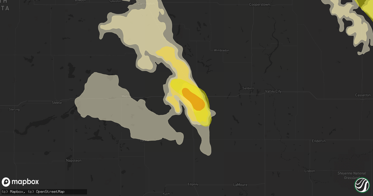 Hail map in Jamestown, ND on July 9, 2016