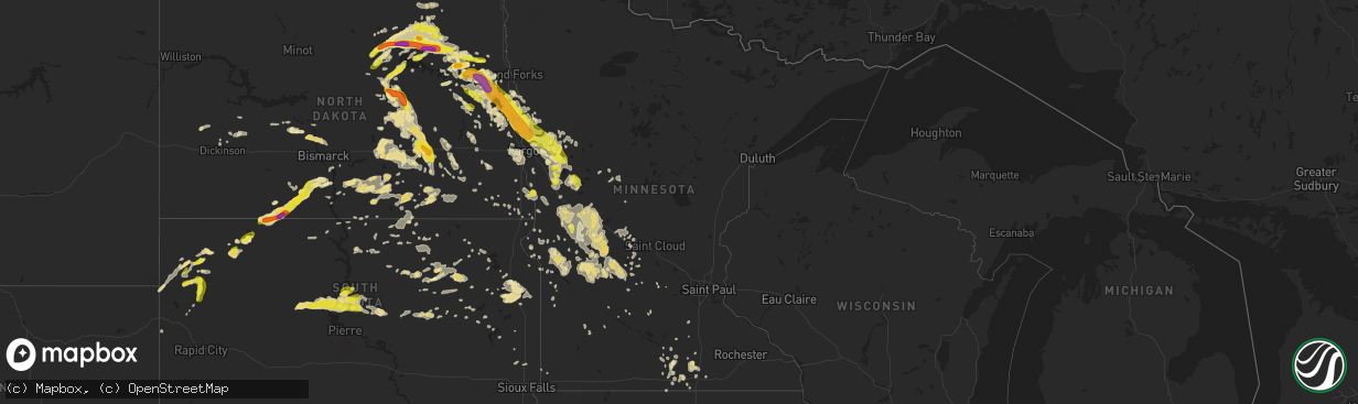 Hail map in Minnesota on July 9, 2016