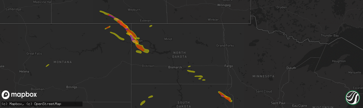 Hail map in North Dakota on July 9, 2018