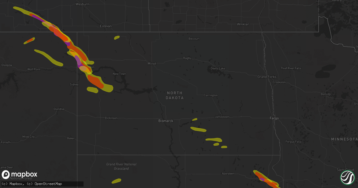 Hail map in North Dakota on July 9, 2018