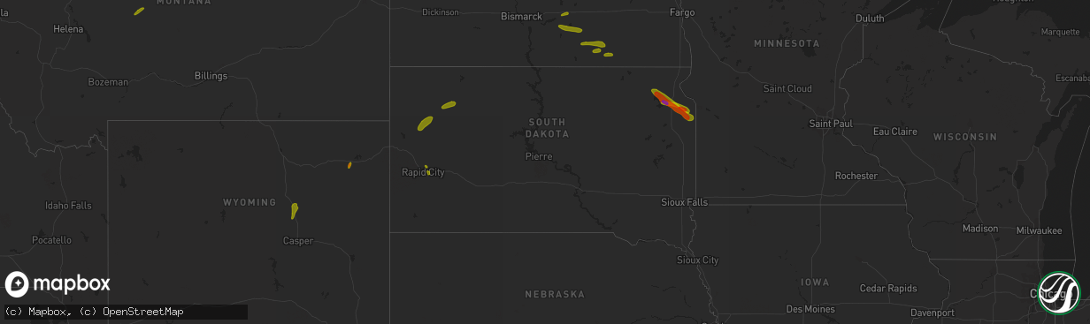 Hail map in South Dakota on July 9, 2018